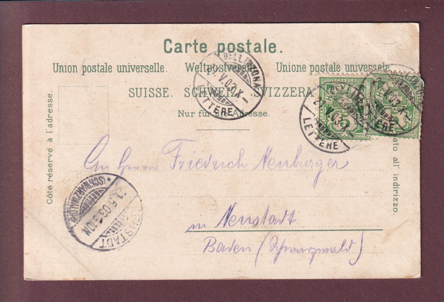 Cartoline postali: BELLINZONA - 1903 – Usato da Pully venduto da nicecards 1