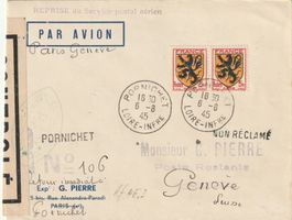 1945, Zensurbrief vom 1.Flug nach WK II von Paris nach Genf