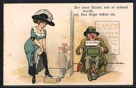 Ein Blinder stiert mit einem Auge auf ei