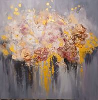 Blumengemälde, Grösse 80x80, Abstraktion mit Rosa Gold