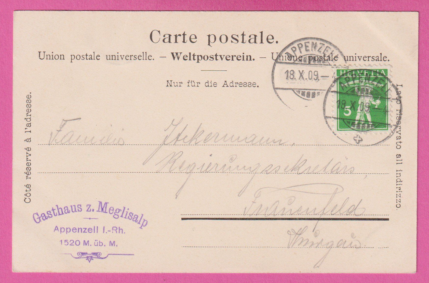 Ansichtskarten: Meglisalp gel 1909 – Gebraucht aus Einsiedeln von dillie 1