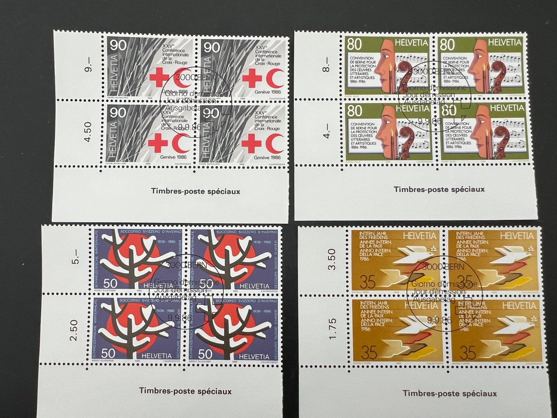 Tutti i francobolli: 1986  Erstag gest.Viererblock mit Tab (K60) – Usato da Hinwil venduto da Sidi4