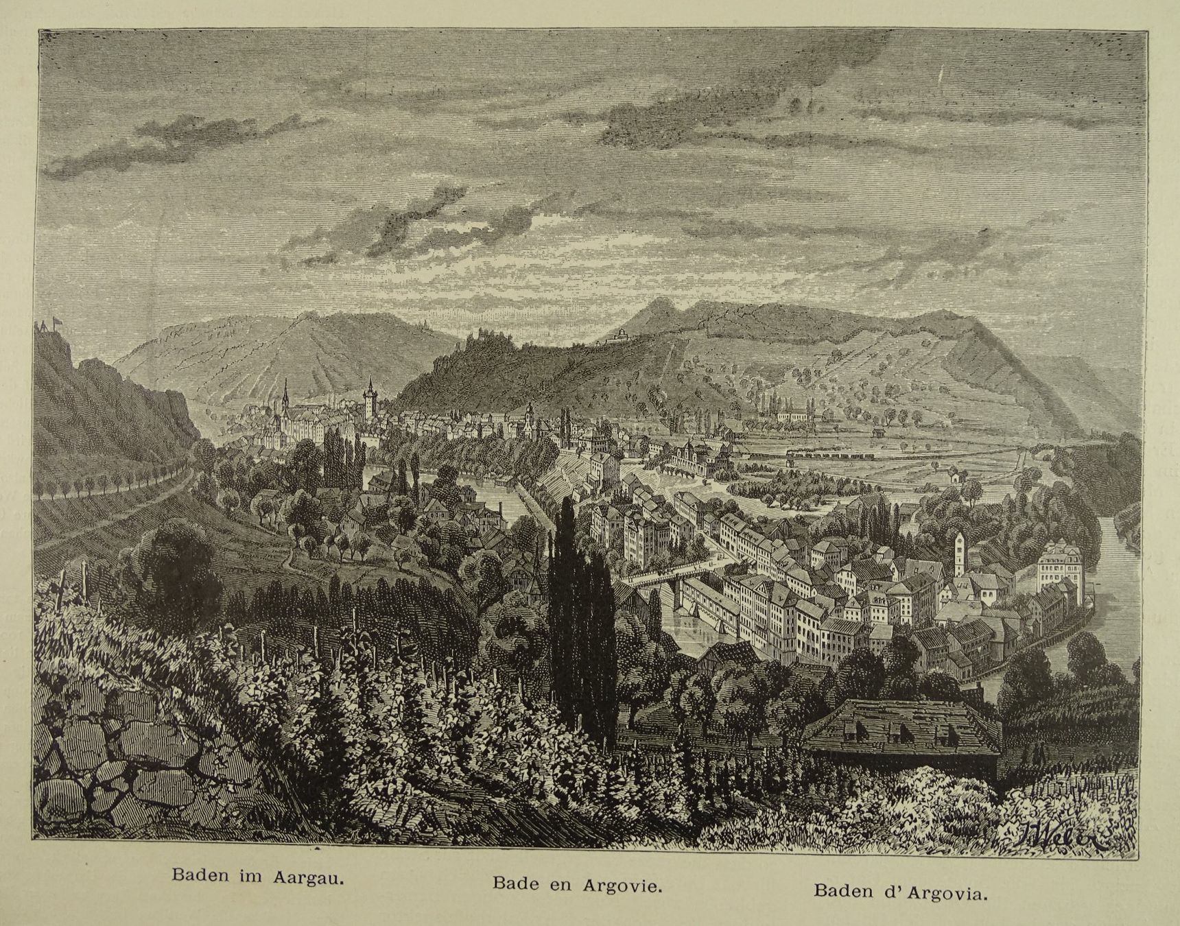 Stiche: BADEN IM AARGAU, HOLZSTICH 1883 – Gebraucht aus Grüningen von Kartensammler