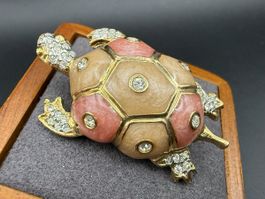 Vintage Schildkröten-Brosche mit Strasssteinen, Emailliert