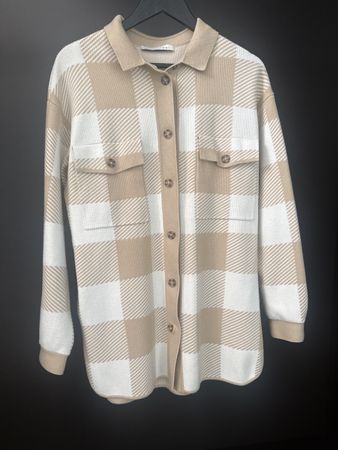 Oui Damen Pullover Beige Übergangsjacke Gr. S kariert