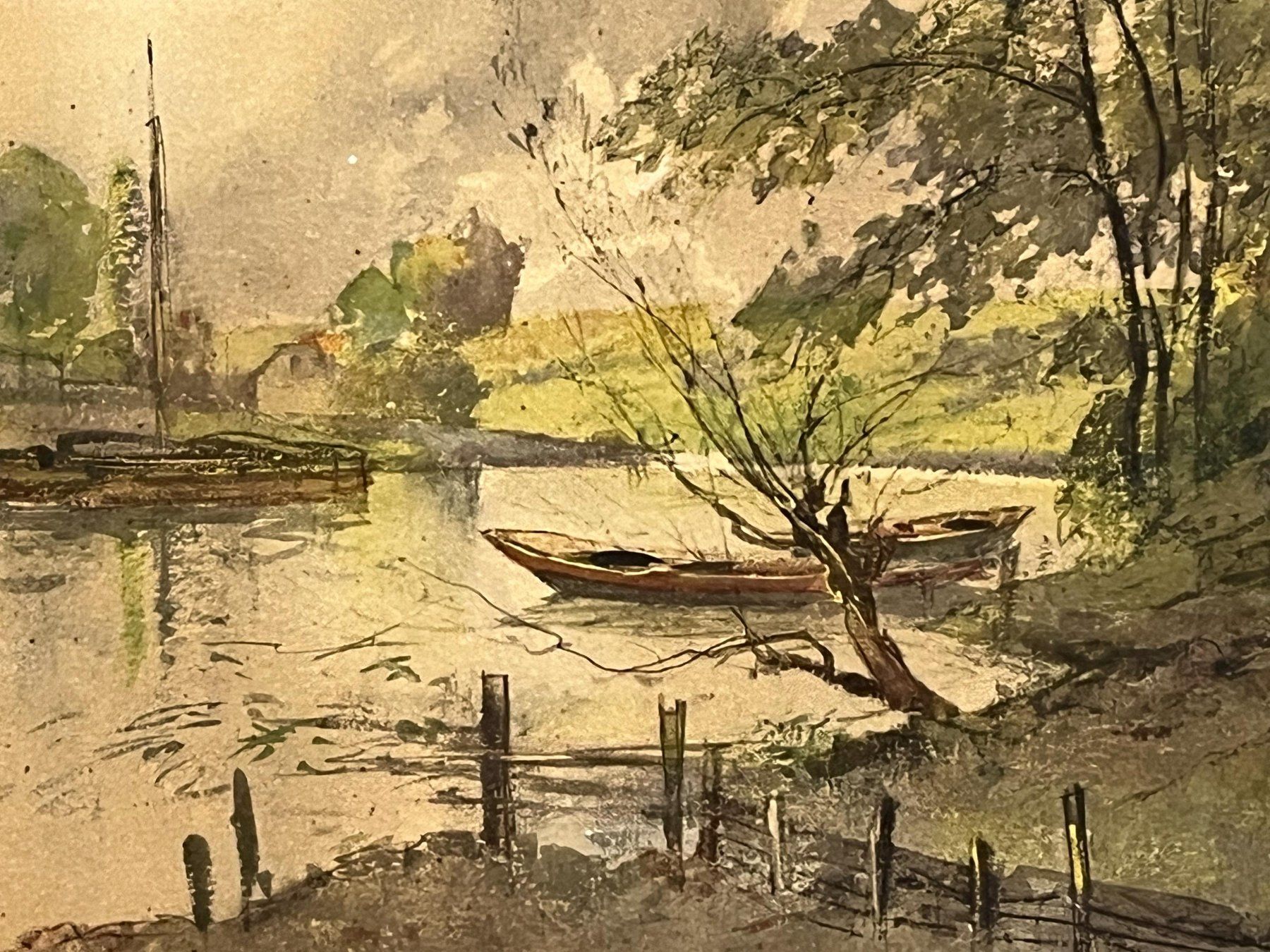 Dipinti: gerahmtes Gemälde, das eine Flusslandschaft mit Booten un – Usato da Basel venduto da Kaffee_und_Kunst 1