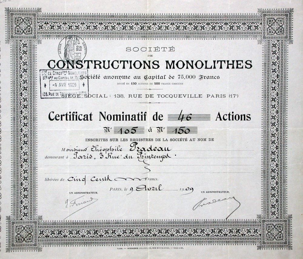 Dokumente: Société de Constructions Monolithes SA, Paris - 1909 – Gebraucht aus Solothurn von Sgasche