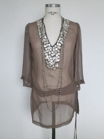 Seiden Chiffon Tunika Gr. 36 taupe, Stickerei,Top Zustand