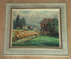 Gemälde signiert; Land ob Wald, Landschsschaft m.Heugaden
