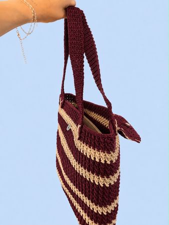 Handtasche gehäkelt gestreift Bordeaux