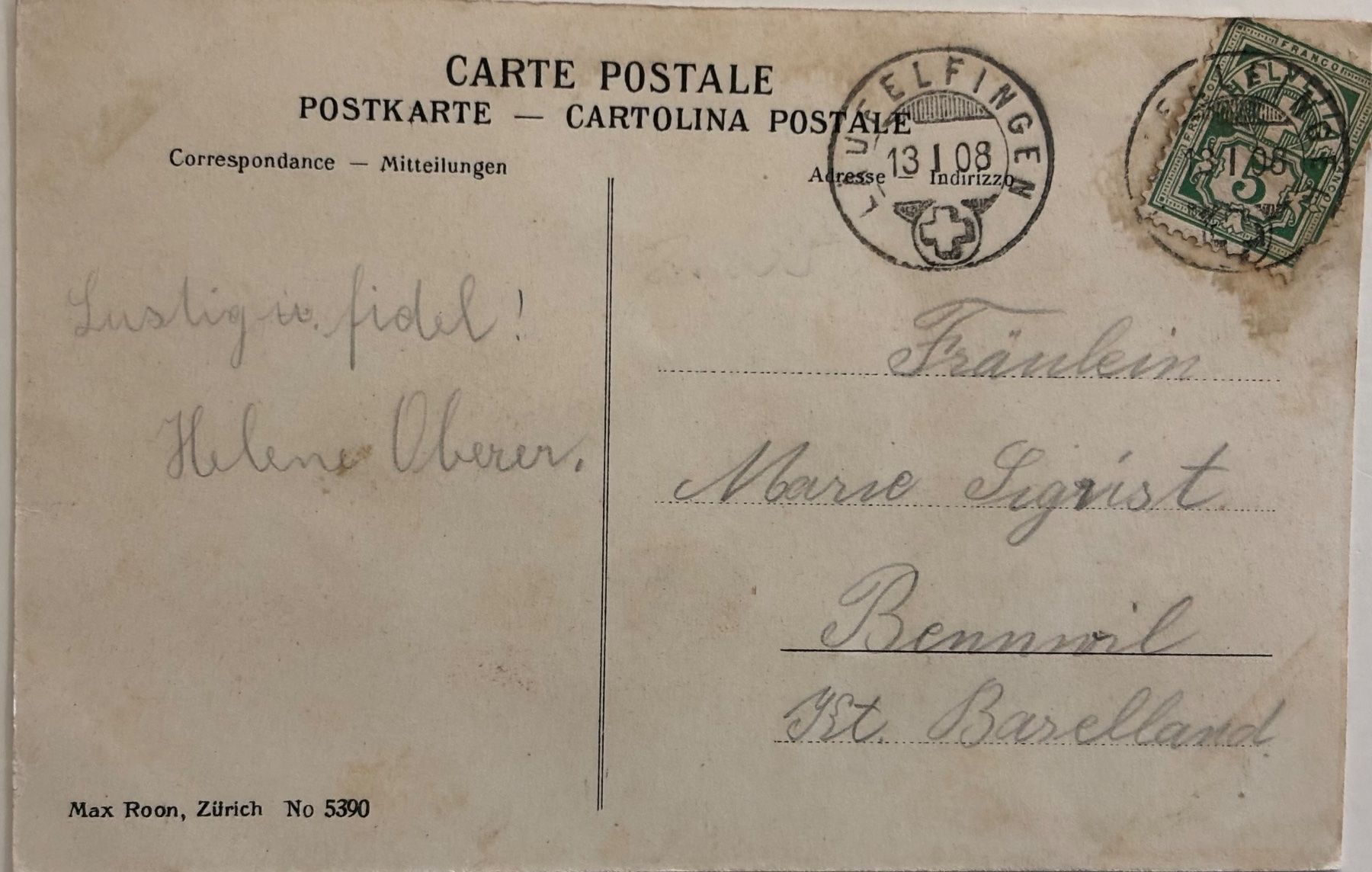 Cartoline postali: Gruss aus Läufelfingen, Vollstempel, 1908 – Usato da Frauenfeld venduto da Merk52 1