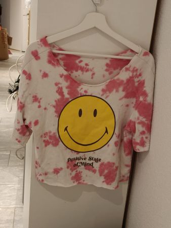 T-Shirt Smiley Print weiss rosa Batik gebrauchter Zustand