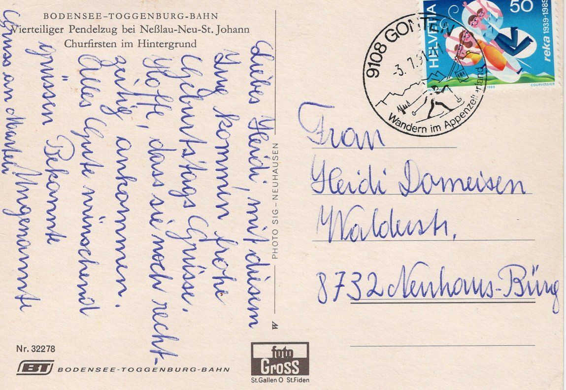 Cartoline postali: BT. Bahn bei Nesslau 1991 – Usato da St. Gallen venduto da Epu 1