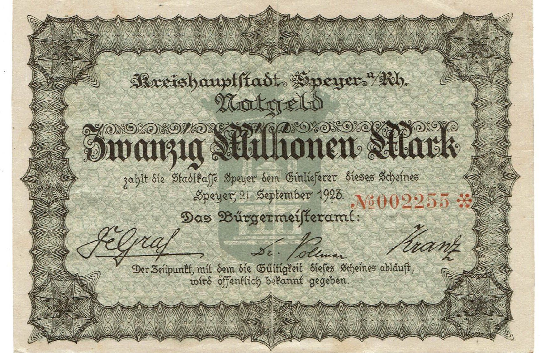 Banconote: Speyer 20 Mil.Mark 21.09.1923 SS+ – Usato da Steffisburg venduto da ber_8htf