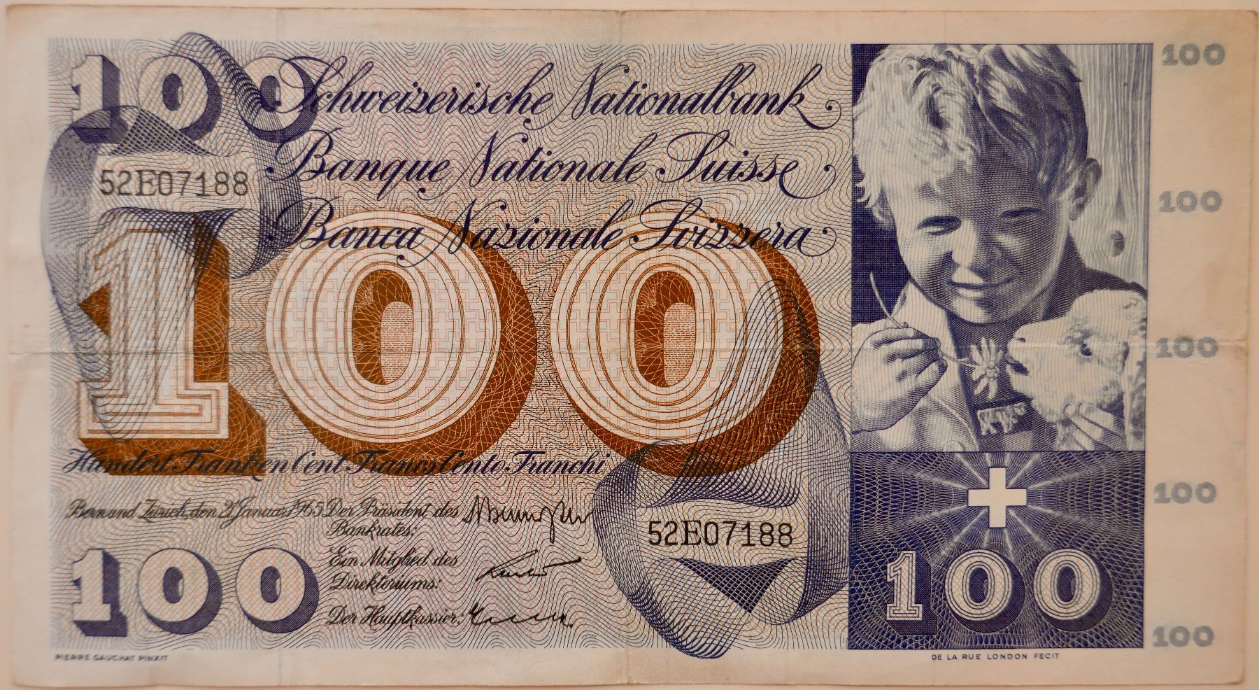Banknoten: 100 Schweizer Franken Banknote 1965 ab Fr. 1.- – Gebraucht aus Möhlin von PHILABARTIS