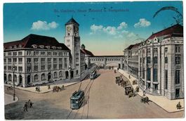 St. Gallen, Neuer Bahnhof & Postgebäude, Künstlerkarte 1916