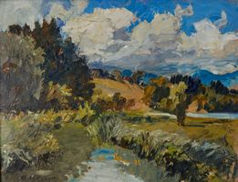 Hans Zürcher, Uferböschung am Bach mit grandioser Landschaft