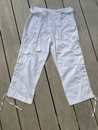 Damen Cargo Hose 7/8 weiss Baumwolle 36 mit Bindegürtel 