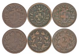 2 Rappen Lot 1850, 1879 & 1893 (schön +). Ab 1.--