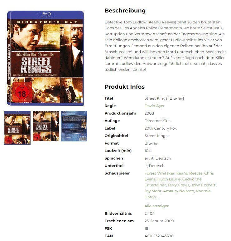 Tutti i DVDs: Street Kings [Blu-ray] – Usato da Buchrain venduto da Sssschaller