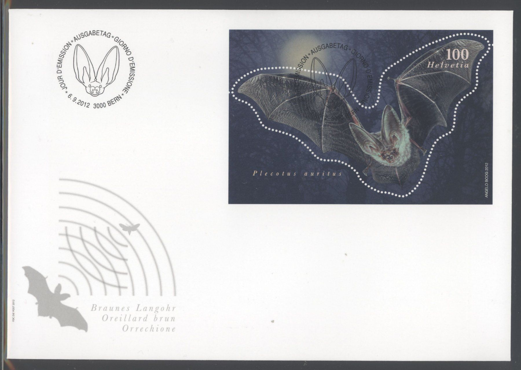 Alle Briefmarken: 2012, FDC, Sonderblock Braunes Langohr (Nr. 1444), Format E6 – Gebraucht aus Willisau von Vollstempel