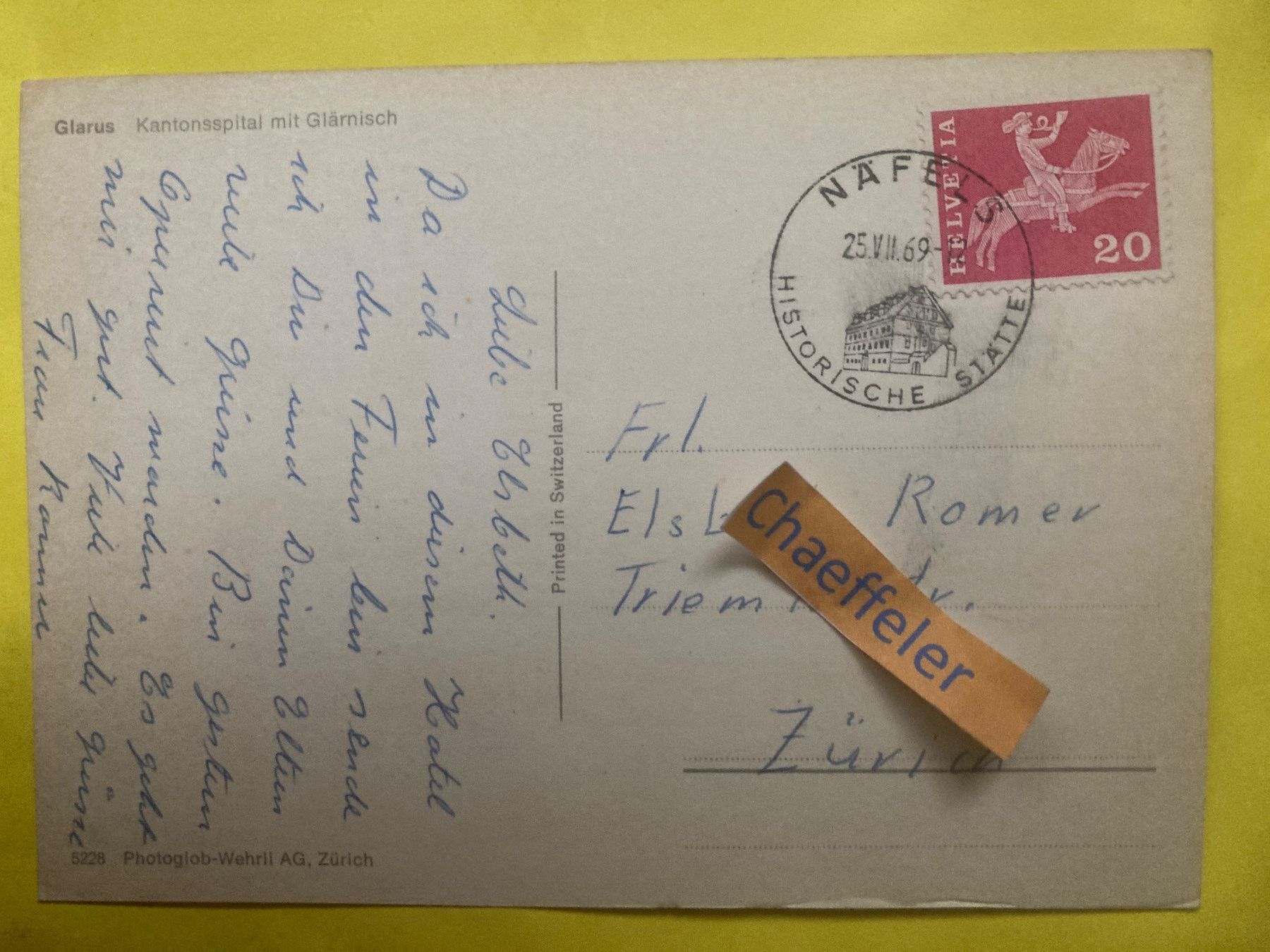 Ansichtskarten: 1969 Glarus, Kantonsspital mit Glärnisch – Gebraucht aus Zürich von Chaeffeler 1