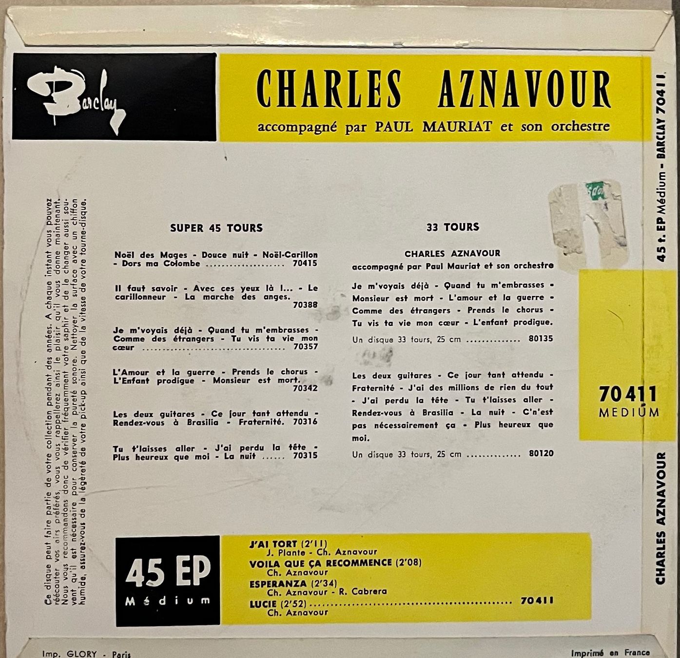 Schallplatten: CHARLES AZNAVOUR - J'AI TORT – Gebraucht aus Bussigny von vinyl-pas-cher 1
