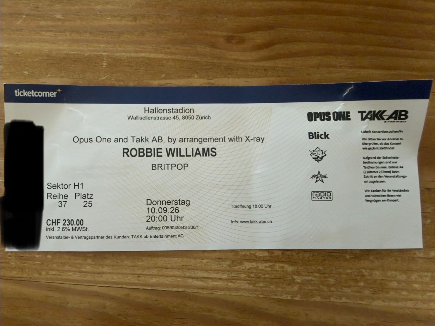 Billets: Robbie Williams 10.09.26 Sitzplatz – Neuf (Voir description) à Winterthur par rines09