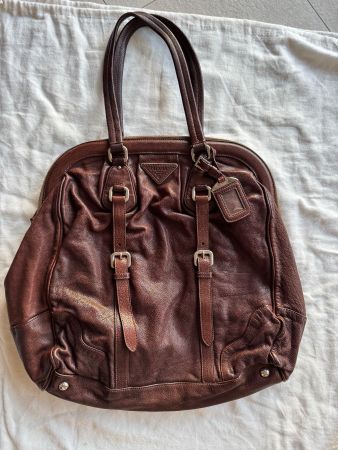 SELTENE PRADA WASHED COCCO LEDER TRÄGETASCHE IN BRAUN BR3577