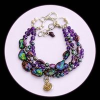 Peacock Keshi Perlen Armband  - pfauenblau -4-reihig Silber