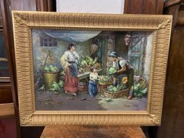 Tableau ancien, scène de marché animée, cadre doré 50x70