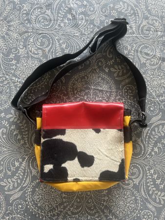 Unique Cowhide Pattern Shoulder Bag, Red Leather Accent