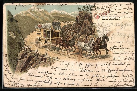 Cartes postales: Litho Montagnes, Postkutsche mit Passagi – D'occasion à Berlin par bartko-reher