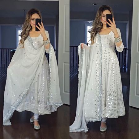 Elegantes Weißes Georgette-Gown mit Stickerei und Pailletten