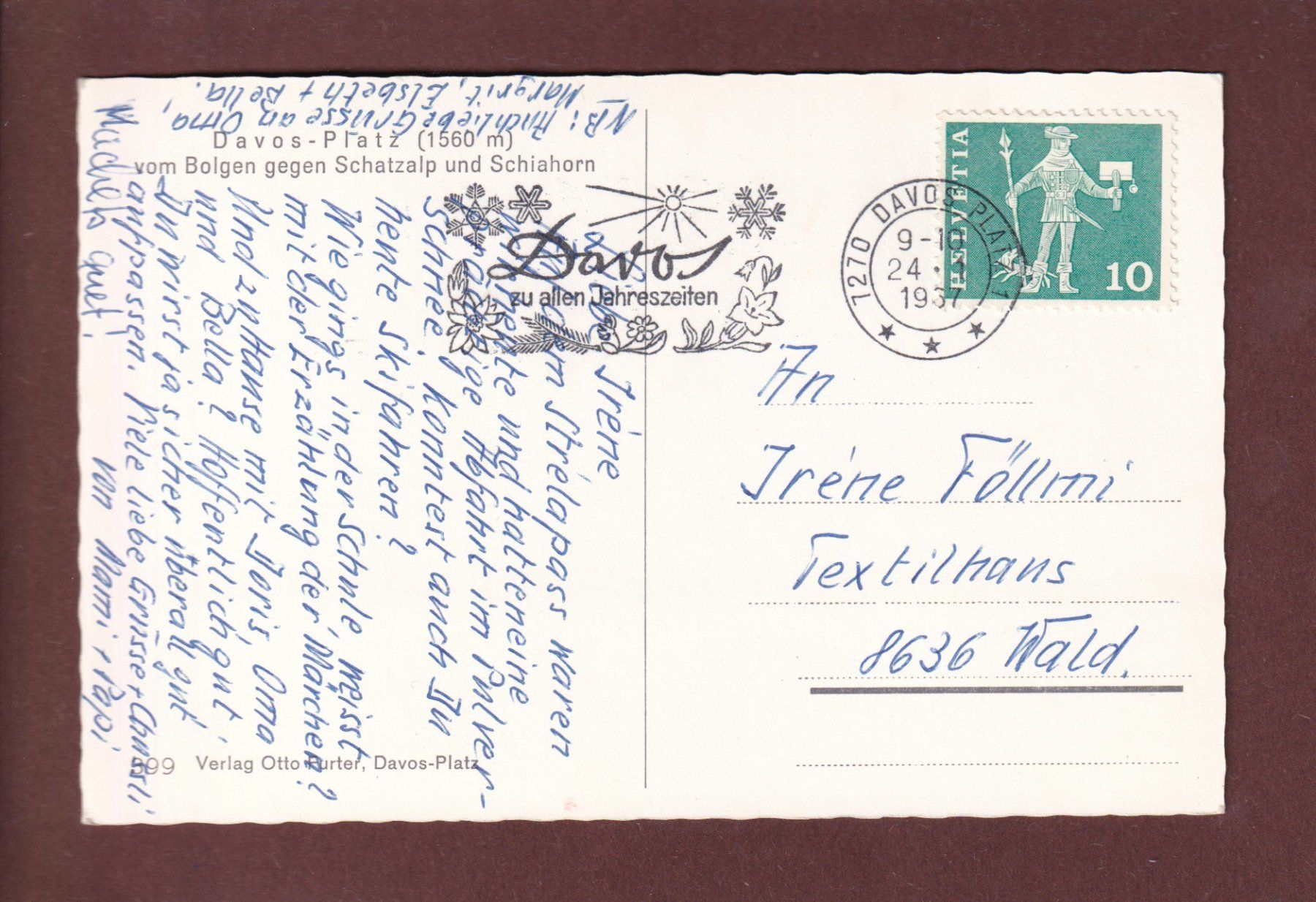 Cartoline postali: DAVOS-PLATZ vom Bolgen - 1967 – Usato da Pully venduto da nicecards 1