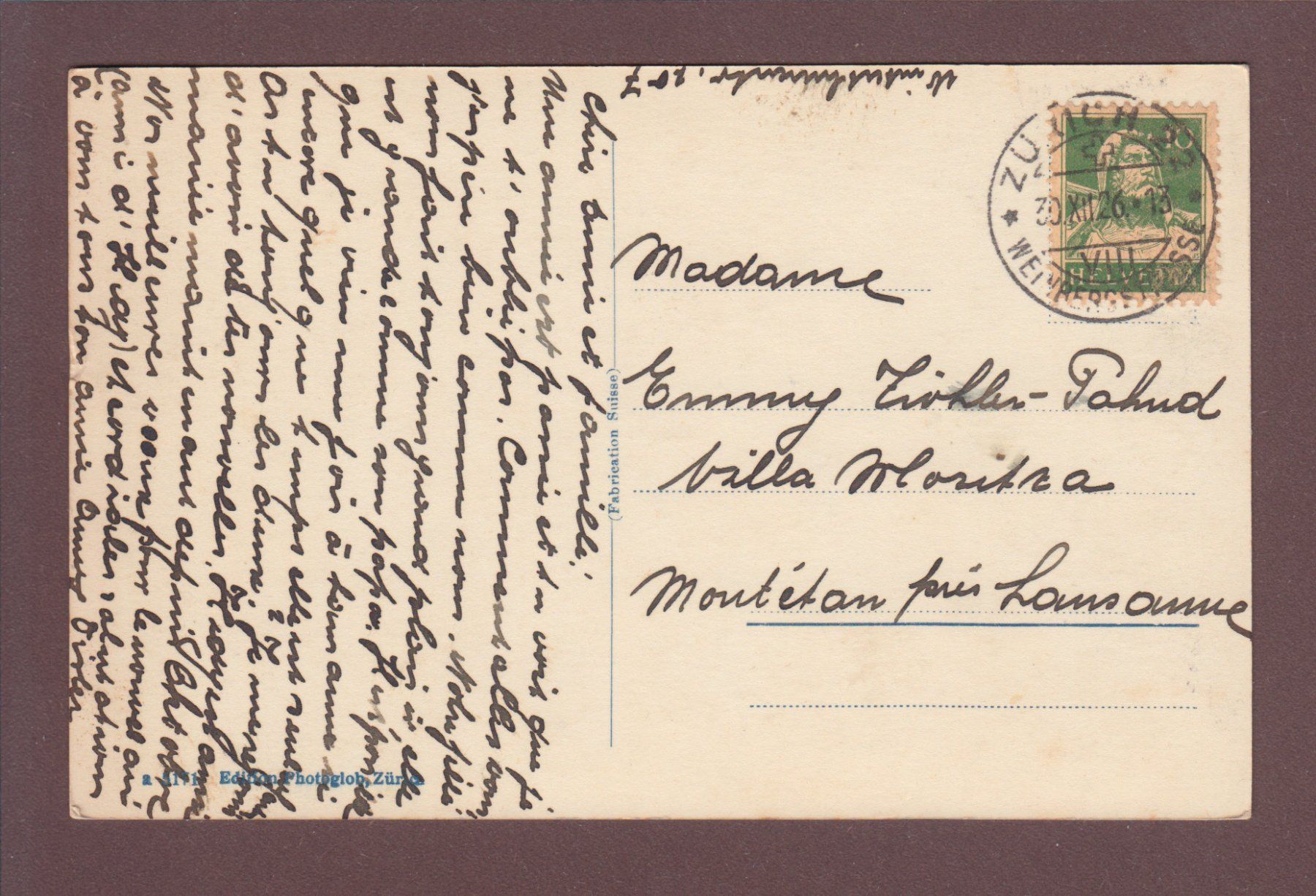 Cartoline postali: UETLIBERG - 1926 – Usato da Pully venduto da nicecards 1