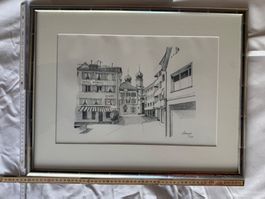 Gerahmte Stadtansicht Lachen SZ - signiert 1997 - Zeichnung