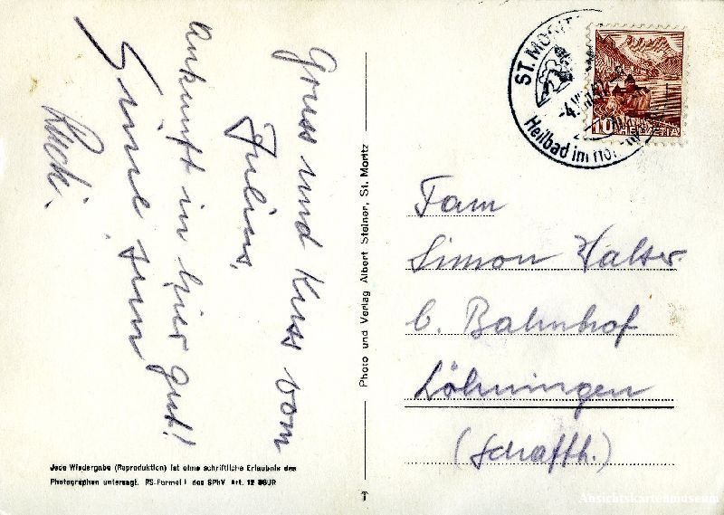 Cartoline postali: St. Moritz + 1947 – Usato da Emmenbrücke venduto da teestube 1