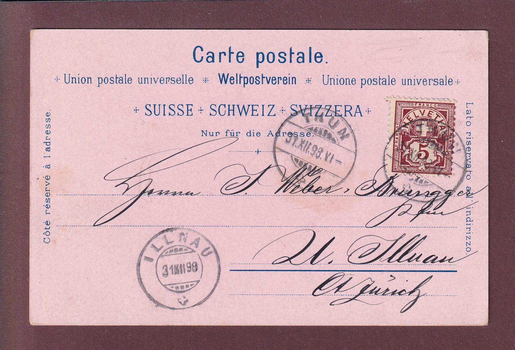 Cartoline postali: Gruss aus THUN - 1898 Litho Schlumpf – Usato da Pully venduto da nicecards 1