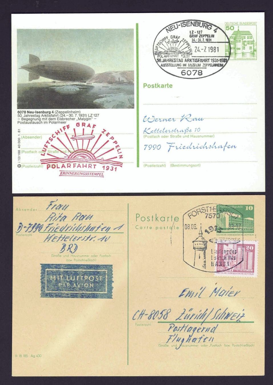Alle Briefmarken: BRD/DDR 2 Ganzsachen Zeppelin/Flugpost – Gebraucht aus Basel von Pfefferschootte