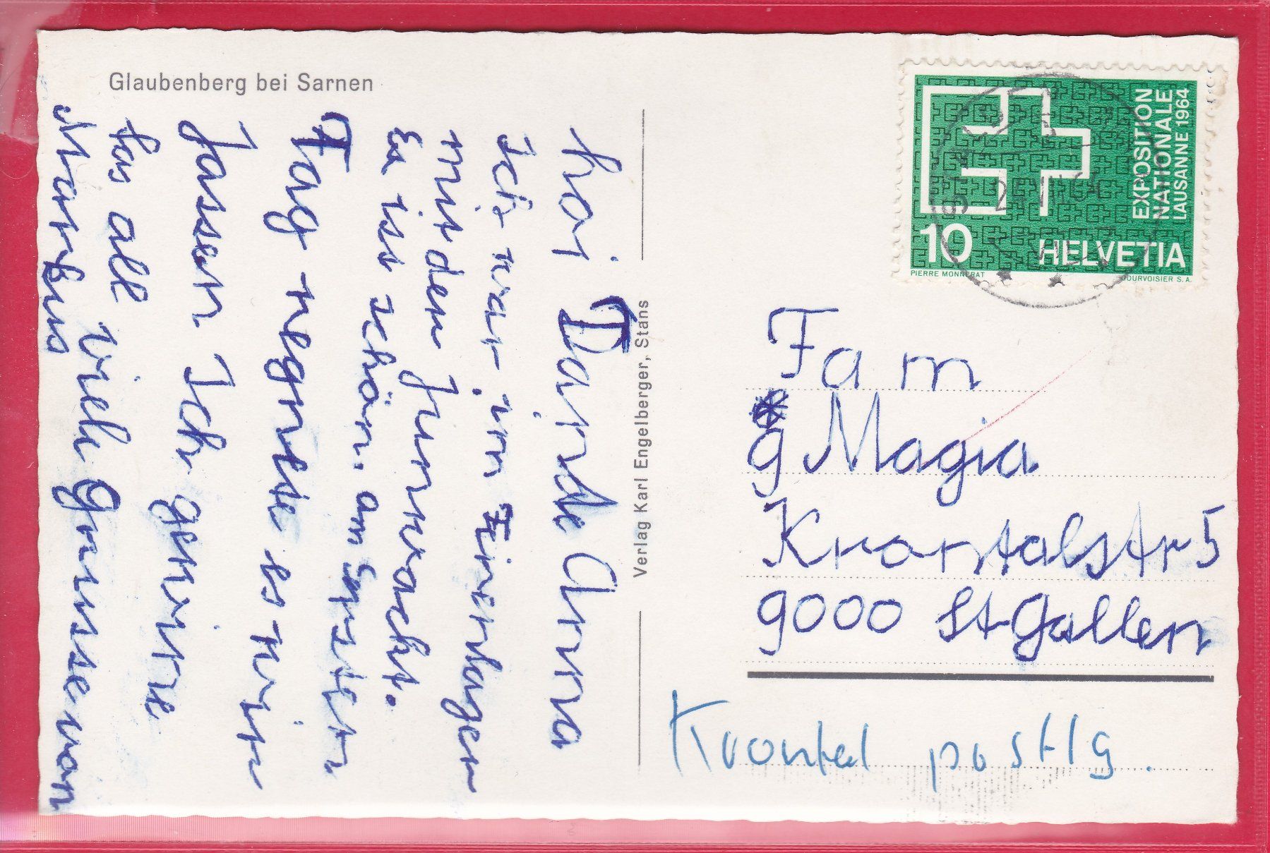 Cartoline postali: GLAUBENBERG NW, 24.7.1964 – Usato da Oberrieden venduto da Gebirgsstelze 1