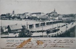 Postkarte 1908 Gruss aus Basel Notbrücke für mittlere Brücke