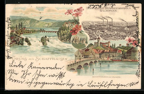 Cartoline postali: Litho Schaffhausen, Ortsansicht mit Muno – Usato da Berlin venduto da bartko-reher