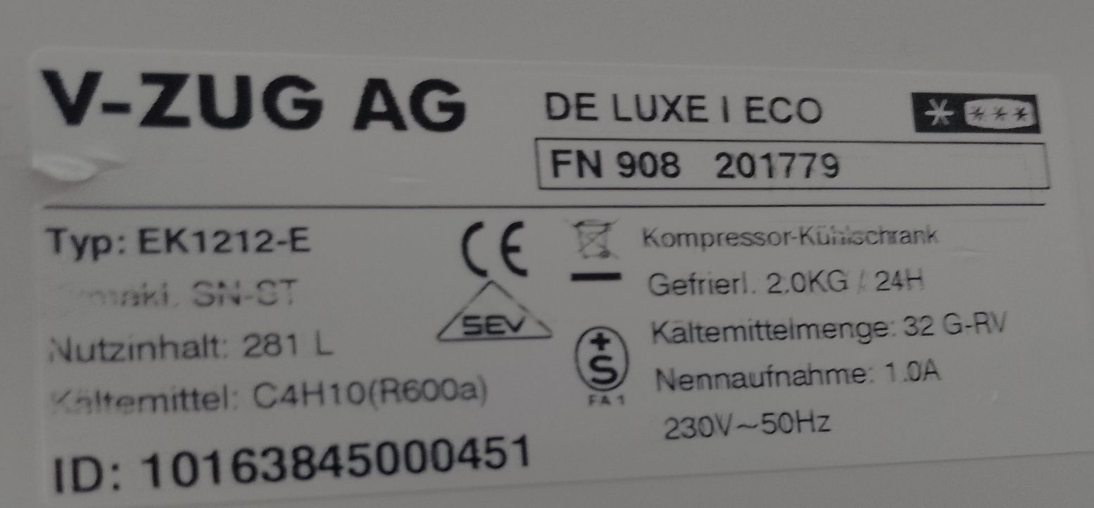 V-Zug Frigoriferi: V-ZUG EK1212-E, Kühlschrank, 281L – Usato da Leibstadt venduto da jur_q6rl