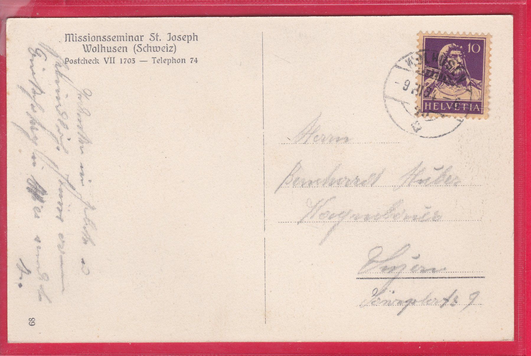 Cartoline postali: WOLHUSEN, MISSIONSSEMINAR ST. JOSEPH, 9.3.1934 – Usato da Oberrieden venduto da Gebirgsstelze 1