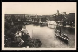AK Schaffhausen, Ortsansicht mit Brücke, Schiff und Festung
