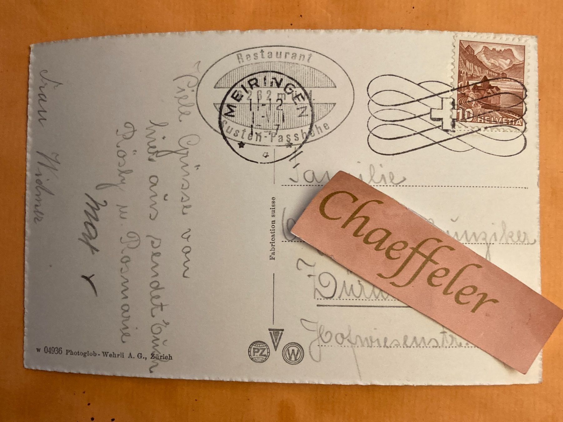 Cartoline postali: 1947 Sustenstrasse, Steinalp – Usato da Zürich venduto da Chaeffeler 1