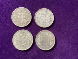 4 Schweizer 5 Franken Silbermünzen 2x1932 /1939 /1966