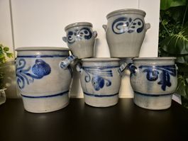 Steingut Töpfe 5er Set mit Henkeln blau bemalt 