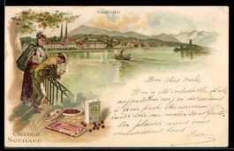 Lithographie Luzern, Ortsansicht am See, Reklame für Chocola